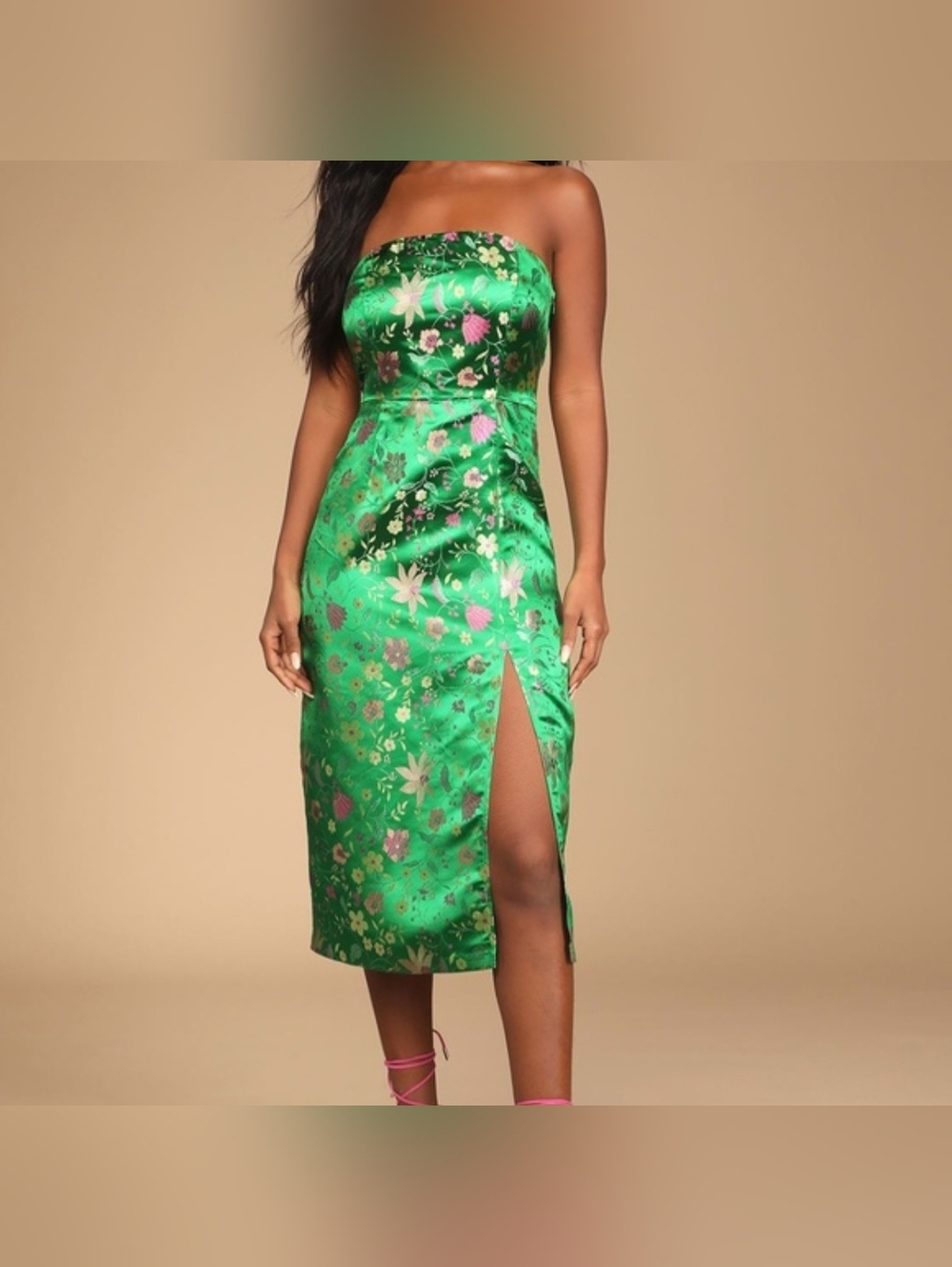 Lulu's Green Floral Strapless Midi Dress with Side Slit